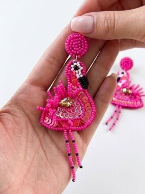 Hot Pink Flamingo Seed Bead Earrings – Festive Sequined Statement Jewelry